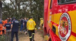 Emergency services operate at the area where a hot air balloon crashed, leaving at least 8 dead in Santa Catarina, Brazil on June 21, 2025.
