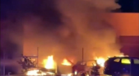 Hunt for suspected arsonist after car yard goes up in flames