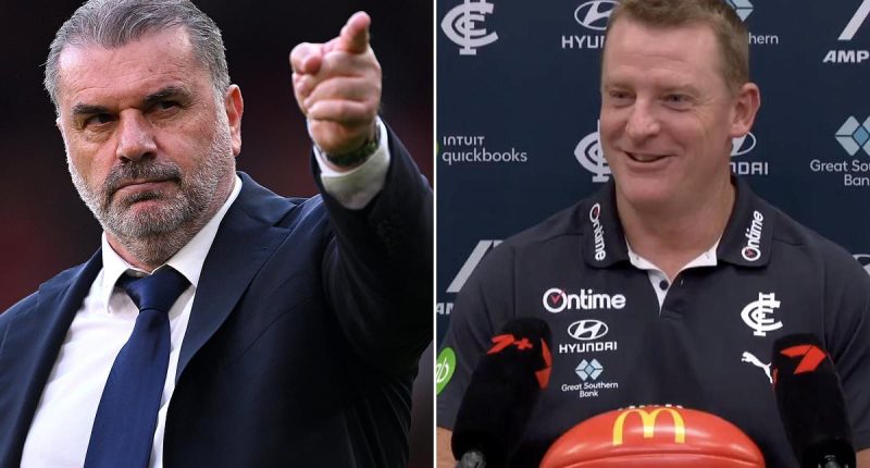 Michael Voss jokes Ange Postecoglou is welcome to join Carlton's coaching staff following his controversial sacking - as the Blues hold off Essendon to seal huge victory