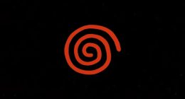 Red, hand-drawn-looking spiral shape against black background.