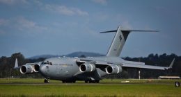 The RAAF's eighth C-17A Globemaster arrives at RAAF Base Amberley. *** Local Caption *** On 2 November 2015, the eighth C-17A Globemaster III transport aircraft for the Royal Australian Air Force touched down at its home of RAAF Base Amberley, completing its delivery flight from the United States. This aircraft, A41-212, is part of a two aircraft purchase that was announced by the Federal Government in 2015