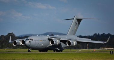 The RAAF's eighth C-17A Globemaster arrives at RAAF Base Amberley. *** Local Caption *** On 2 November 2015, the eighth C-17A Globemaster III transport aircraft for the Royal Australian Air Force touched down at its home of RAAF Base Amberley, completing its delivery flight from the United States. This aircraft, A41-212, is part of a two aircraft purchase that was announced by the Federal Government in 2015