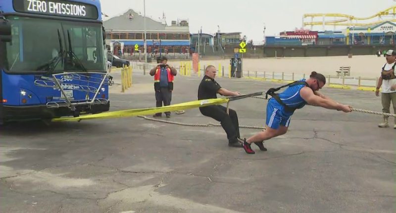 Strongman pulls 34,680-pound bus to kick off Santa Monica festival