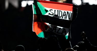 Super Bowl halftime performer arrested after police say he held flag stating 'Sudan and Free Gaza.'