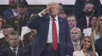 WASHINGTON, DC - JUNE 14: U.S. President Donald Trump salutes as members of the U.S Army participate in the 250th birthday parade of the U.S. Army June 14, 2025 in Washington, DC. The U.S. Army is marking its 250th birthday with a military parade including roughly 6,600 troops, 150 vehicles, and over 50 aircraft.  The parade, which coincides with President Donald Trump's 79th birthday, is designed to tell the history of the Army. (Photo by Andrew Harnik/Getty Images)