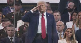 WASHINGTON, DC - JUNE 14: U.S. President Donald Trump salutes as members of the U.S Army participate in the 250th birthday parade of the U.S. Army June 14, 2025 in Washington, DC. The U.S. Army is marking its 250th birthday with a military parade including roughly 6,600 troops, 150 vehicles, and over 50 aircraft.  The parade, which coincides with President Donald Trump's 79th birthday, is designed to tell the history of the Army. (Photo by Andrew Harnik/Getty Images)