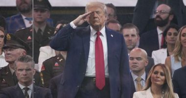 WASHINGTON, DC - JUNE 14: U.S. President Donald Trump salutes as members of the U.S Army participate in the 250th birthday parade of the U.S. Army June 14, 2025 in Washington, DC. The U.S. Army is marking its 250th birthday with a military parade including roughly 6,600 troops, 150 vehicles, and over 50 aircraft.  The parade, which coincides with President Donald Trump's 79th birthday, is designed to tell the history of the Army. (Photo by Andrew Harnik/Getty Images)