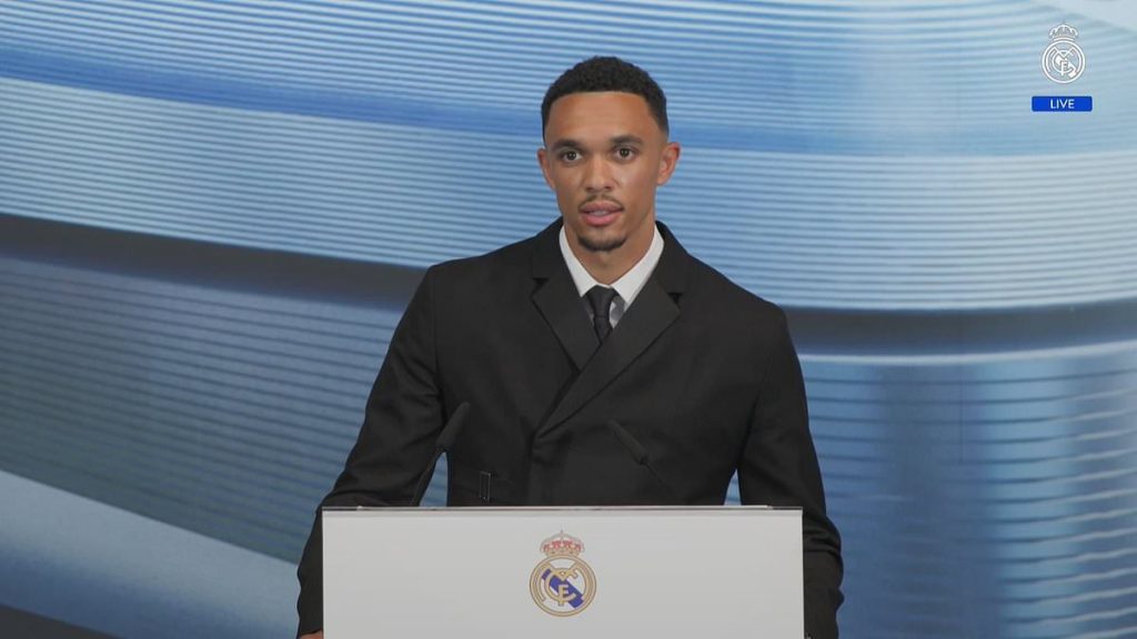Trent Alexander-Arnold speaks PERFECT Spanish as he's joined by his glamorous girlfriend at Real Madrid unveiling