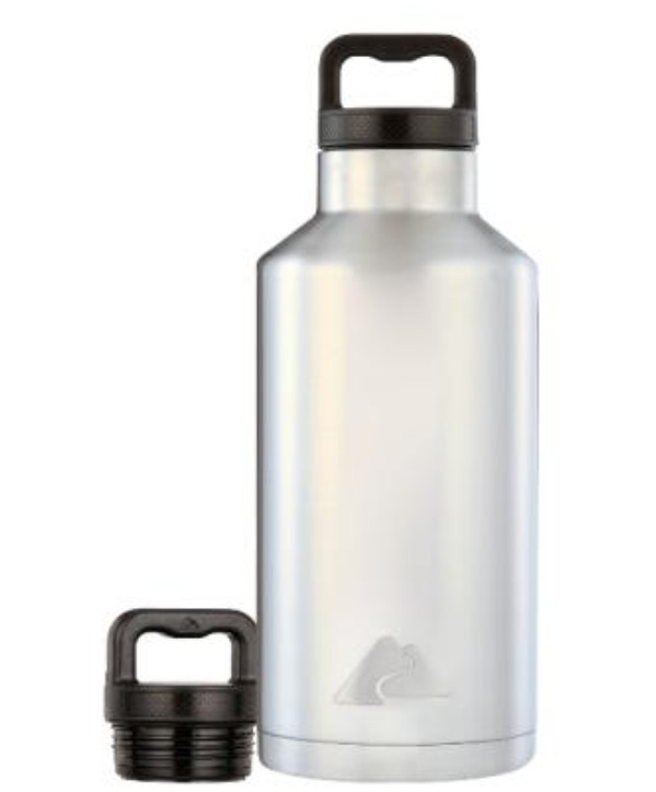 Silver stainless steel water bottle with black lid and handle.