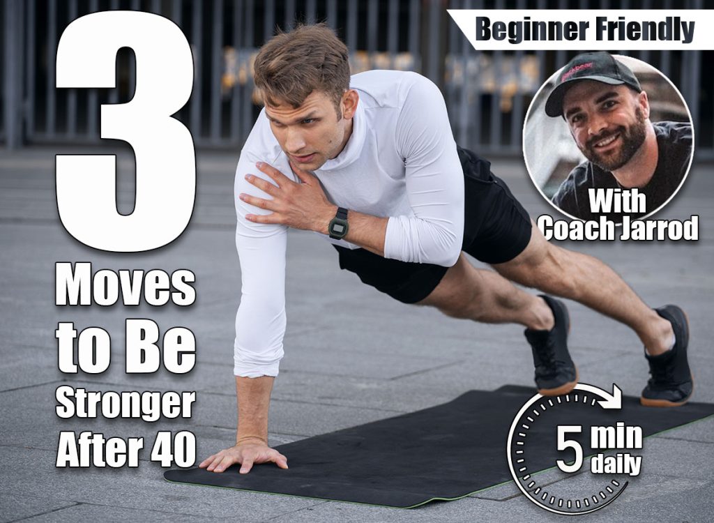 3 Simple Moves That Make You Stronger and More Stable After 40. cover. Focused man in sportswear doing shoulder tap in push or press ups exercise, standing in plank pose. Side view of confident and serious sportsman with smart watch training outdoor, work out on yoga mat