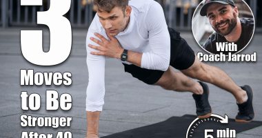 3 Simple Moves That Make You Stronger and More Stable After 40. cover. Focused man in sportswear doing shoulder tap in push or press ups exercise, standing in plank pose. Side view of confident and serious sportsman with smart watch training outdoor, work out on yoga mat
