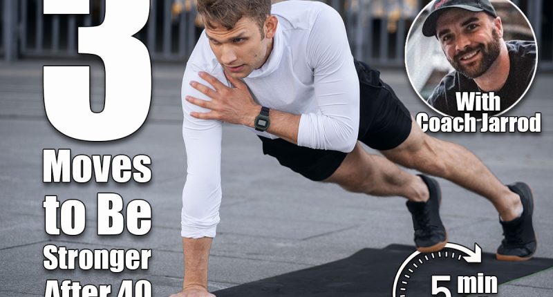 3 Simple Moves That Make You Stronger and More Stable After 40. cover. Focused man in sportswear doing shoulder tap in push or press ups exercise, standing in plank pose. Side view of confident and serious sportsman with smart watch training outdoor, work out on yoga mat