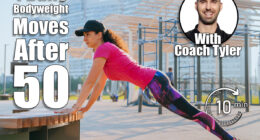 Woman doing incline push-ups on a bench in an outdoor gym, focusing on strength and endurance during her fitness routine in an urban park. 4 Bodyweight Exercises Women Should Do Every Day After 50. Cover