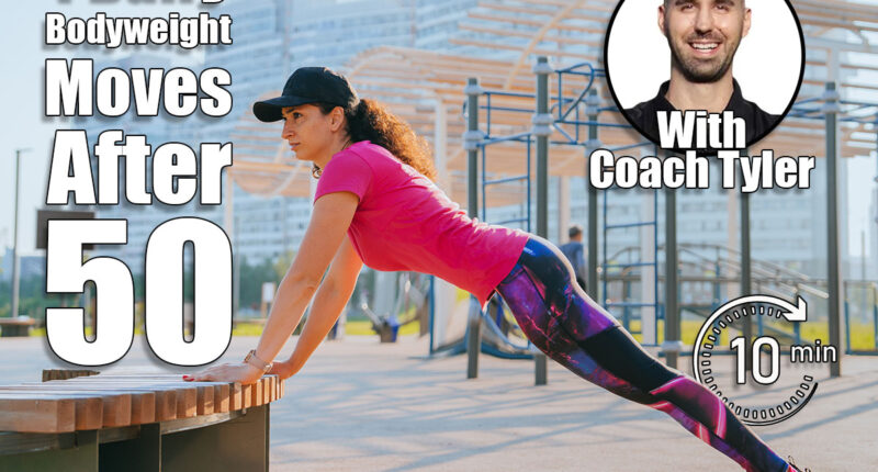 Woman doing incline push-ups on a bench in an outdoor gym, focusing on strength and endurance during her fitness routine in an urban park. 4 Bodyweight Exercises Women Should Do Every Day After 50. Cover
