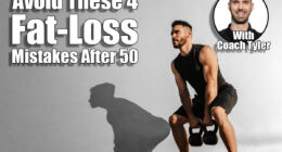 Strong young muscular focused fit man with big muscles holding heavy kettlebells. 4 Mistakes Men Over 50 Make That Sabotage Fat Loss. Cover