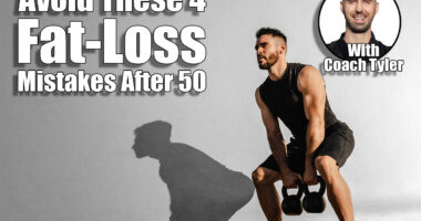 Strong young muscular focused fit man with big muscles holding heavy kettlebells. 4 Mistakes Men Over 50 Make That Sabotage Fat Loss. Cover