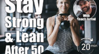 Woman, kettlebell and music in gym with exercise for core strength, endurance workout and power challenge. Smile, athlete and earphones with squats for bodybuilding competition or audio with mockup. 4 Moves That Keep You Strong & Lean After 50. Cover