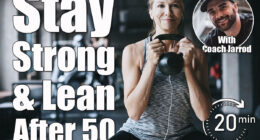 Woman, kettlebell and music in gym with exercise for core strength, endurance workout and power challenge. Smile, athlete and earphones with squats for bodybuilding competition or audio with mockup. 4 Moves That Keep You Strong & Lean After 50. Cover