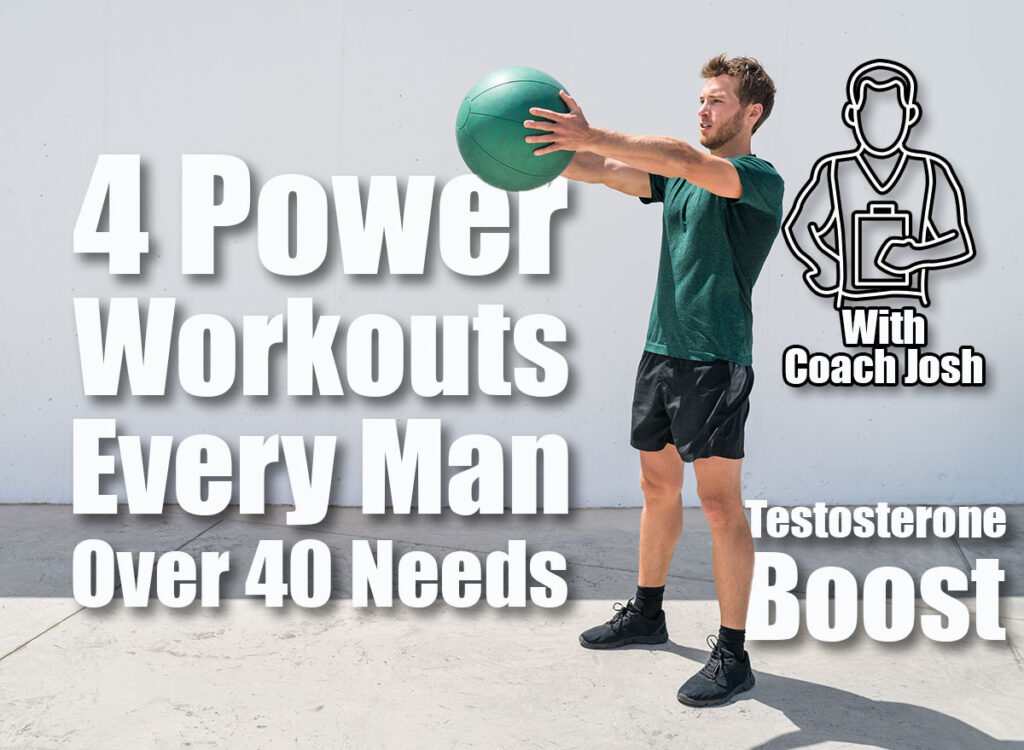 Medicine ball workout fitness man strength training arms doing deltoid front raise exercise for shoulder muscles. Upper body workout with weight ball at fitness centre. 4 Power Workouts Every Man Needs To Stay Strong After 40. cover