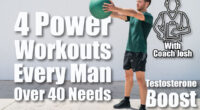 Medicine ball workout fitness man strength training arms doing deltoid front raise exercise for shoulder muscles. Upper body workout with weight ball at fitness centre. 4 Power Workouts Every Man Needs To Stay Strong After 40. cover