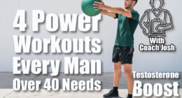 Medicine ball workout fitness man strength training arms doing deltoid front raise exercise for shoulder muscles. Upper body workout with weight ball at fitness centre. 4 Power Workouts Every Man Needs To Stay Strong After 40. cover