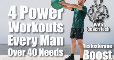 Medicine ball workout fitness man strength training arms doing deltoid front raise exercise for shoulder muscles. Upper body workout with weight ball at fitness centre. 4 Power Workouts Every Man Needs To Stay Strong After 40. cover