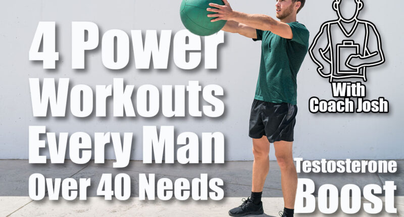 Medicine ball workout fitness man strength training arms doing deltoid front raise exercise for shoulder muscles. Upper body workout with weight ball at fitness centre. 4 Power Workouts Every Man Needs To Stay Strong After 40. cover