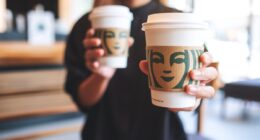 Jun 13th 2022 : Closeup of a woman holding and serving two cup of hot coffee at Starbucks coffee shop, Chiang mai Thailand