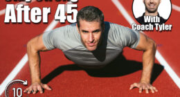 Mature fitness man in gray t-shirt looking and doing push-ups on the red running track. Copy space. Close up. Lifestyle and sports. 5 Classic Exercises Men Should Do Every Day to Stay Young After 45. Cover,