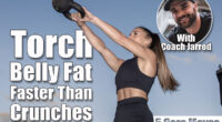 Low angle of determined female athlete in activewear with ponytail lifting heavy kettlebell in outstretched arms during fitness workout on sports ground in evening. 5 Core Moves That Burn Belly Fat Faster Than Crunches. Cover
