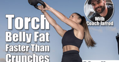 Low angle of determined female athlete in activewear with ponytail lifting heavy kettlebell in outstretched arms during fitness workout on sports ground in evening. 5 Core Moves That Burn Belly Fat Faster Than Crunches. Cover