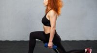 Young redhead woman performing frontal lunge with the dumbbells at the gym