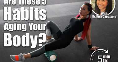 Woman massaging foam roll leg gym myofascial release exercise rolling, trigger points Middle adult caucasian woman sportswoman uses roller massager for relaxation, stretching muscles. 5 Exercise Habits That Are Secretly Aging Your Body After 40 (and What to Do Instead) cover