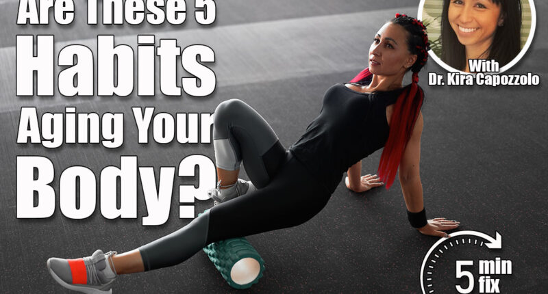 Woman massaging foam roll leg gym myofascial release exercise rolling, trigger points Middle adult caucasian woman sportswoman uses roller massager for relaxation, stretching muscles. 5 Exercise Habits That Are Secretly Aging Your Body After 40 (and What to Do Instead) cover