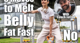 One woman modern mature caucasian female with short hair training in front of building in day with kettlebell weight swing at outdoor gym Sport fitness healthy lifestyle concept copy space. 5 Moves That Shrink Belly Fat Fast After 40 Without a Single Crunch. Cover