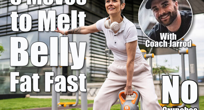 One woman modern mature caucasian female with short hair training in front of building in day with kettlebell weight swing at outdoor gym Sport fitness healthy lifestyle concept copy space. 5 Moves That Shrink Belly Fat Fast After 40 Without a Single Crunch. Cover