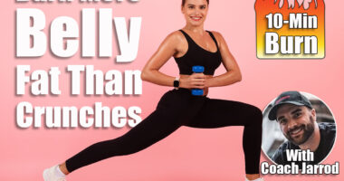 Portrait Of Athletic Young Woman Training With Dumbbells In Studio, Beautiful Sporty Female Making Core Rotation Exercise With Light Weights And Smiling At Camera While Posing Over Pink Background. 5 Standing Moves That Burn Belly Fat Quicker Than Crunches Ever Could. Cover