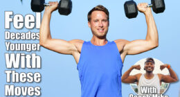 Fitness man dumbbell weights training outside. Fit muscular male lifting weights in shoulder press exercise. Sports model exercising outdoor in summer. Handsome Caucasian man.5 Strength Workouts To Build a Body That’s Decades Younger. Cover