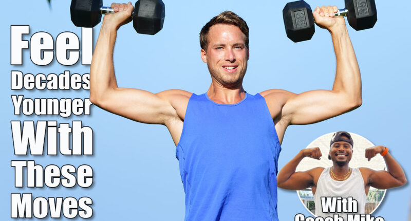 Fitness man dumbbell weights training outside. Fit muscular male lifting weights in shoulder press exercise. Sports model exercising outdoor in summer. Handsome Caucasian man.5 Strength Workouts To Build a Body That’s Decades Younger. Cover