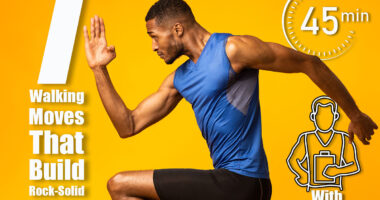 High Knees. Close up of muscular black man doing fitness exercise, lifting leg and waving arm, free space, panorama. 7 Simple Moves To Build Rock-Solid Abs While You Walk , cover