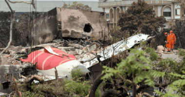 Plane wreckage in a damaged building.