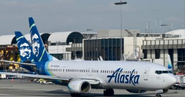 Alaska Airlines plane at an airport.