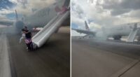 American Airlines flight at Denver airport engulfed in smoke, flames — forcing passengers to flee via emergency slide: video