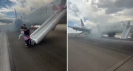 American Airlines flight at Denver airport engulfed in smoke, flames — forcing passengers to flee via emergency slide: video