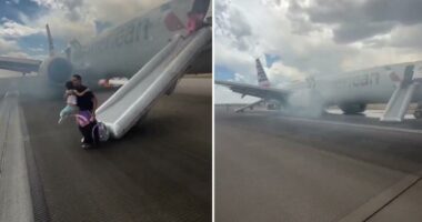 American Airlines flight at Denver airport engulfed in smoke, flames — forcing passengers to flee via emergency slide: video