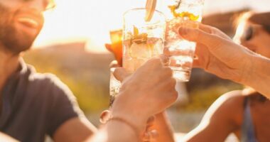 Friends toasting drinks at a bar.