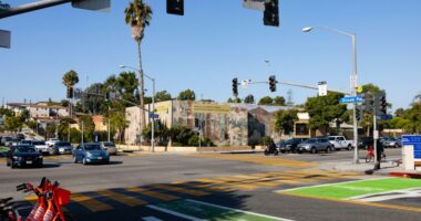 Intersection of Ocean Park Boulevard and Lincoln Boulevard in Santa Monica, California, featuring the Michelle & Barack Obama Center for Inquiry & Exploration.