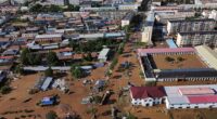Aerial view of a village in Beijing, China, flooded after heavy rainfall.