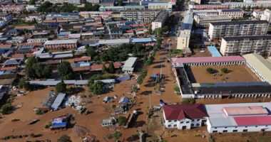 Aerial view of a village in Beijing, China, flooded after heavy rainfall.
