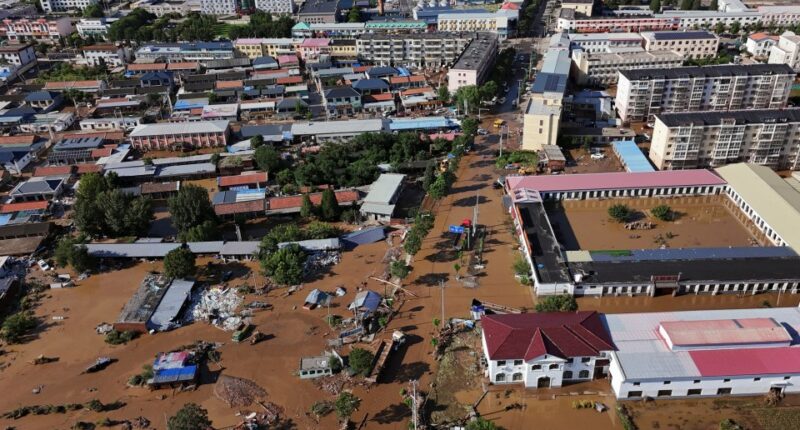 Aerial view of a village in Beijing, China, flooded after heavy rainfall.